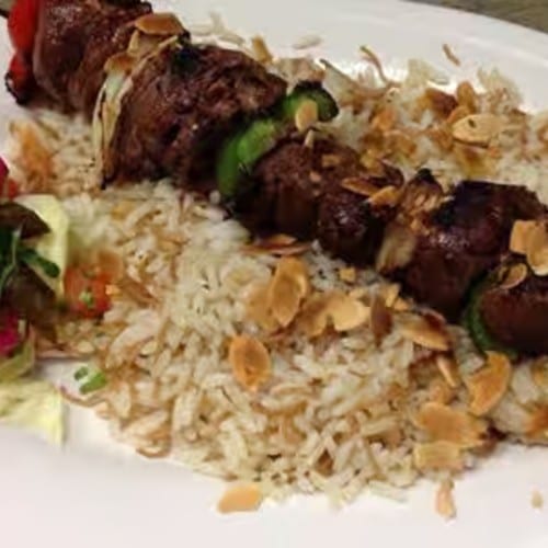 Chicken Kabob Over Rice.