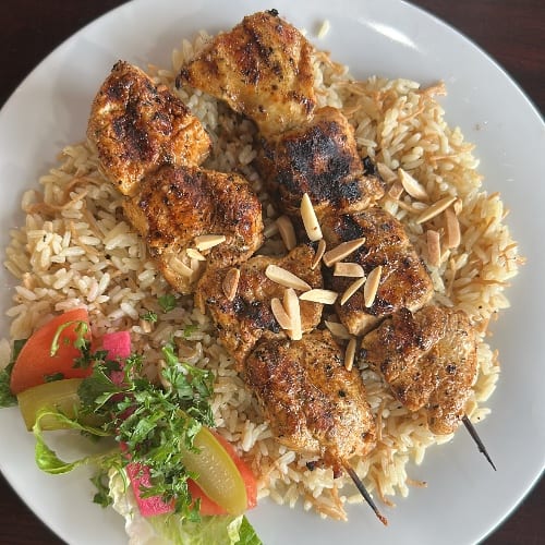 Chicken Kabob Over Rice.