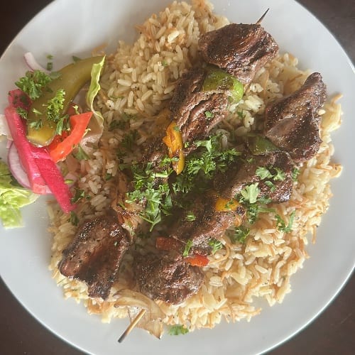 Beef Kabob Over Rice.