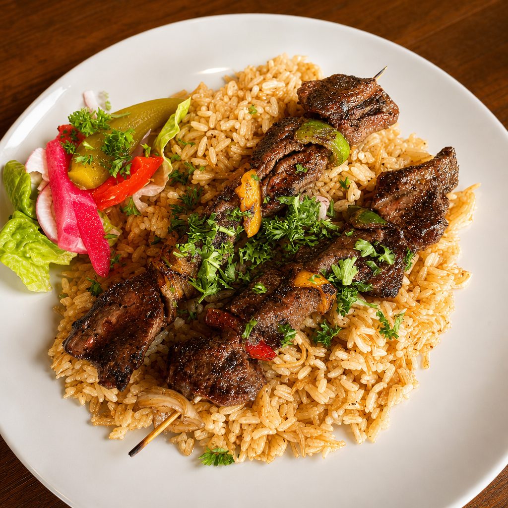 Beef Kabob Over Rice.
