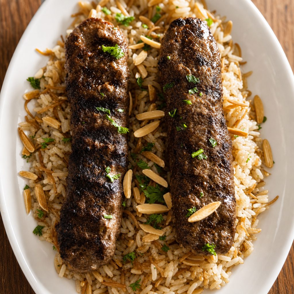 Beef Kafta or Chicken Kafta Over Rice.