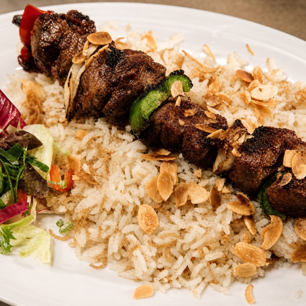 Chicken Kabob Over Rice.