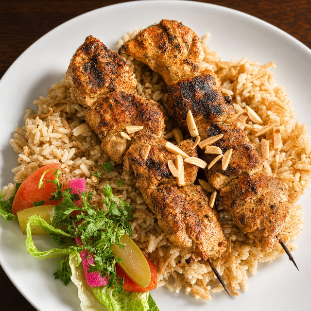 Chicken Kabob Over Rice.